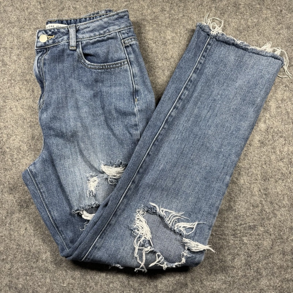 Encore Jeans Straight Leg Raw Hem Distressed Blue Denim Womens/Junior 5 (V2319M)